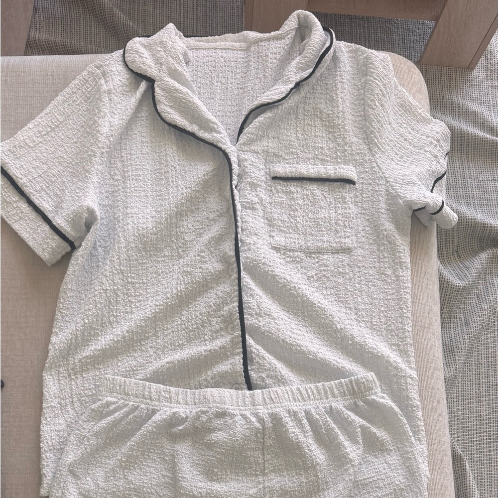 White Textured Pajama Set with Black Trim